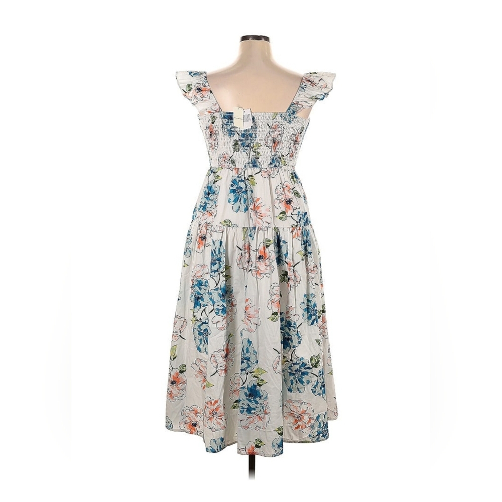 Blue and Pink Pleated Midi Sundress with Flutter Sleeves